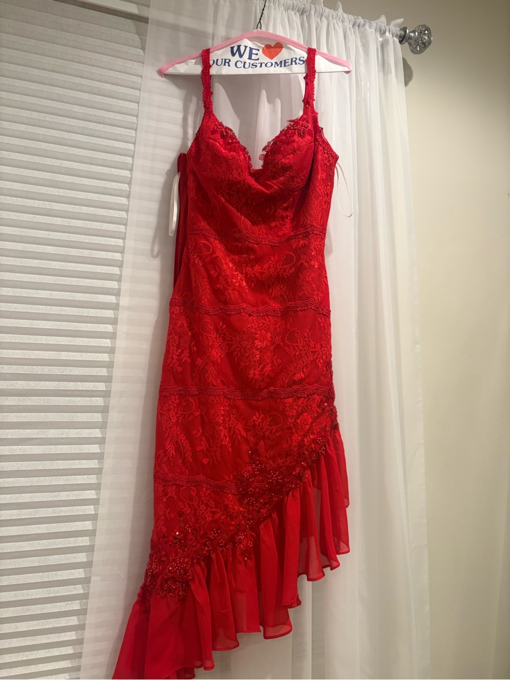 Red Lace Asymmetric Slip Dress